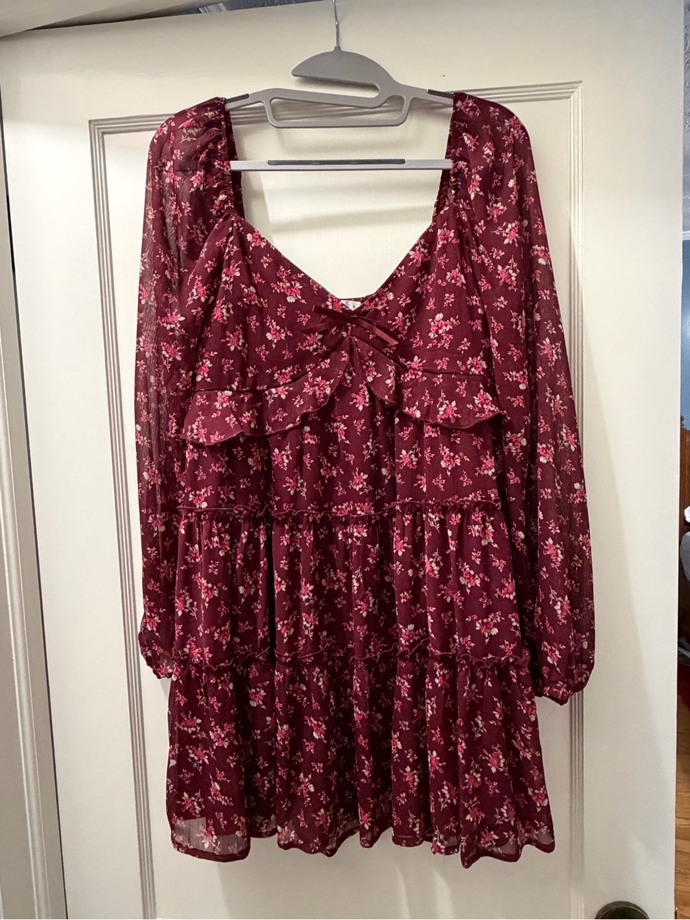 Altar'd State Burgundy Floral Tiered Mini Dress